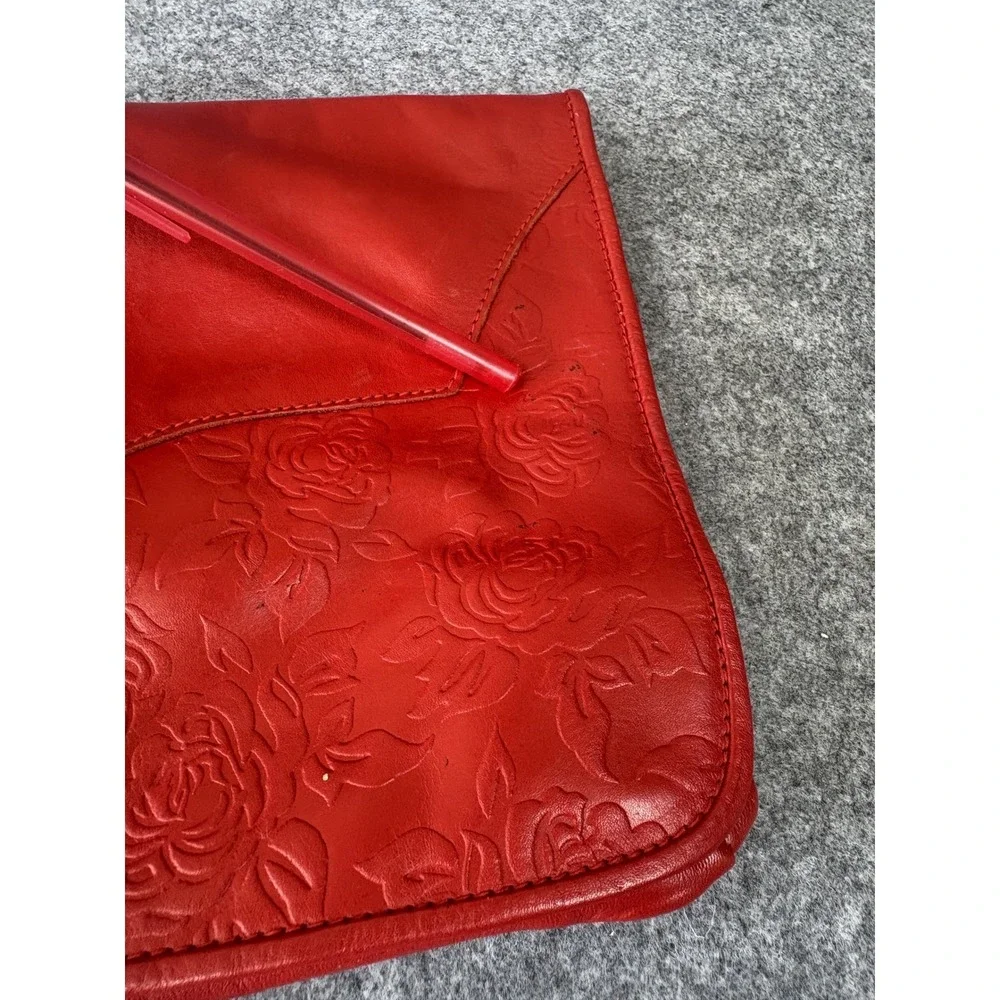 Barganza Floral Embossed Clutch Medium Red Leather‎ Rose Detail Handbag